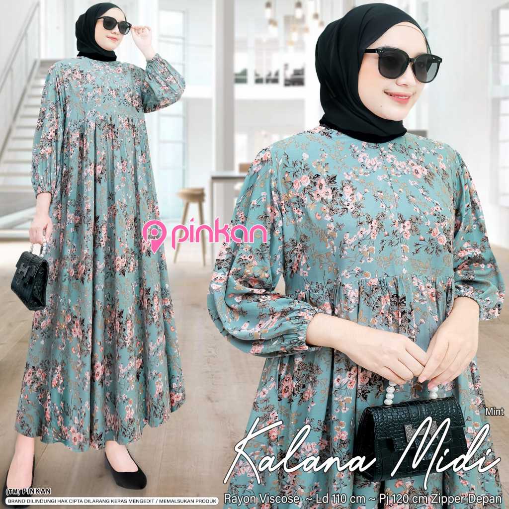 STELA MIDI DRESS YURA CRINKLE PREMIUM ADEM NYAMAN KANCING BUSUI FRIENDLY BY PINKAN