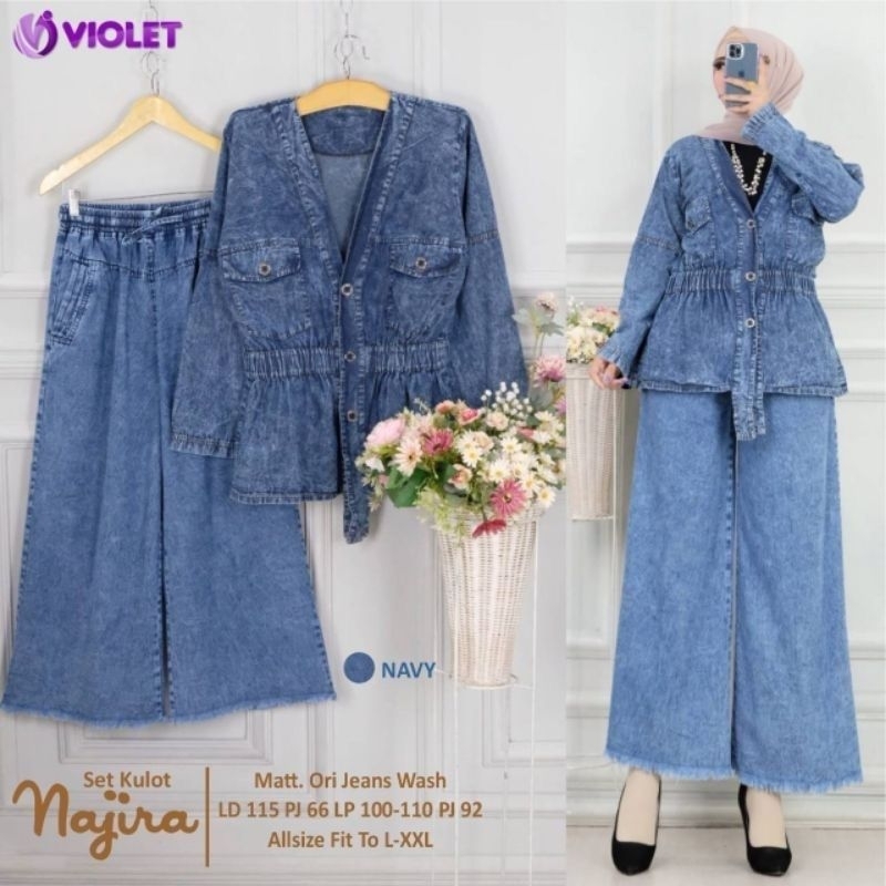 Najira Set Jeans Setelan Celana kulot Blazer Jeans Premium/One Set Jaket Denim Wanita Kekinian