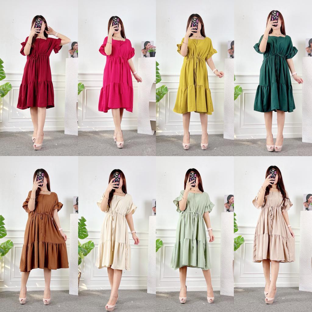 JKFashion - REC MIDI DRESS / Dress Zira CRINCLE / DRESS LENGAN PENDEK / DRESS ADA TALI DI PINGGANG /