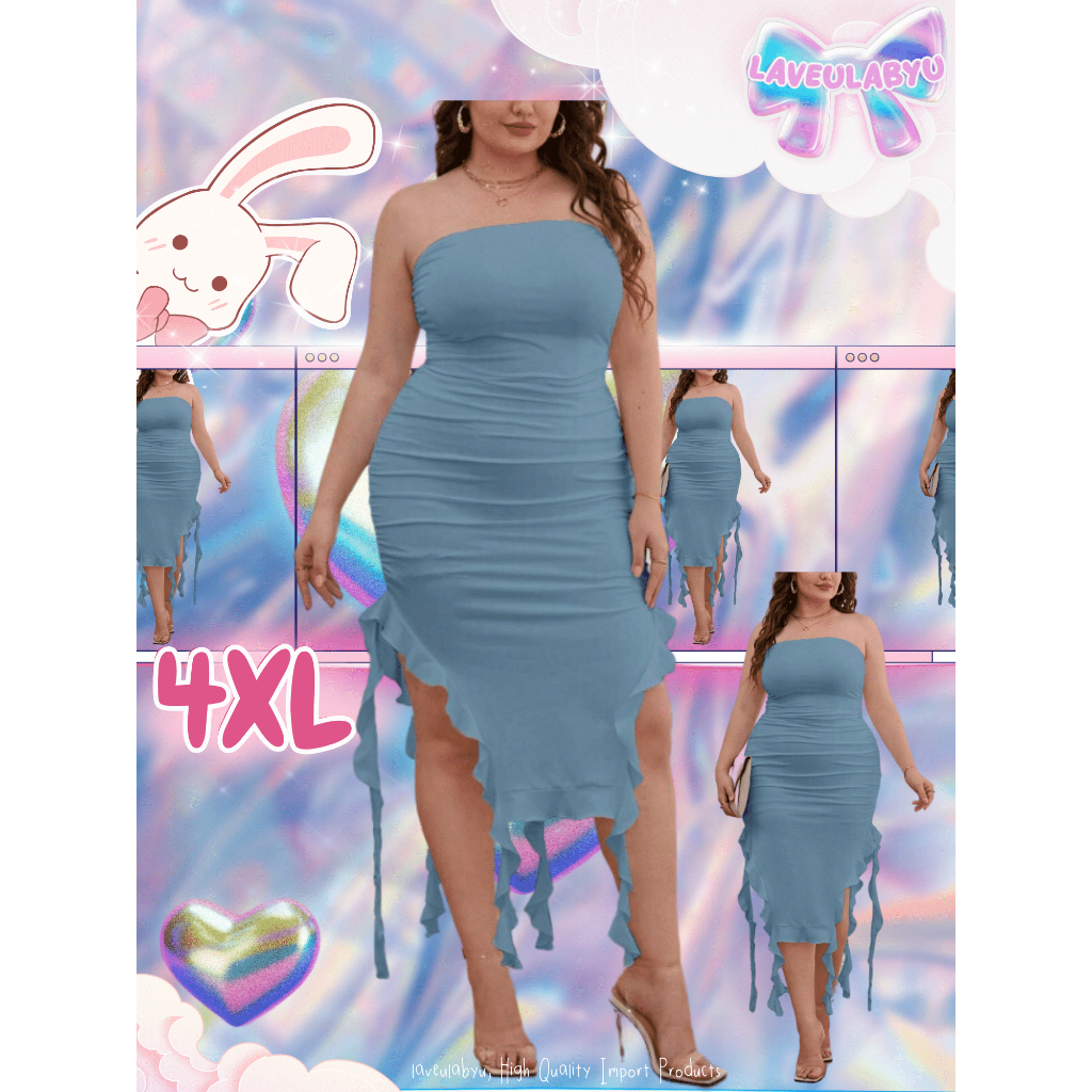Laveulabyu♡ Asimetris Hem Trim Ruffle Dress Kemben Warna Dusty Blue | Big Size | Jumbo | Plus Size