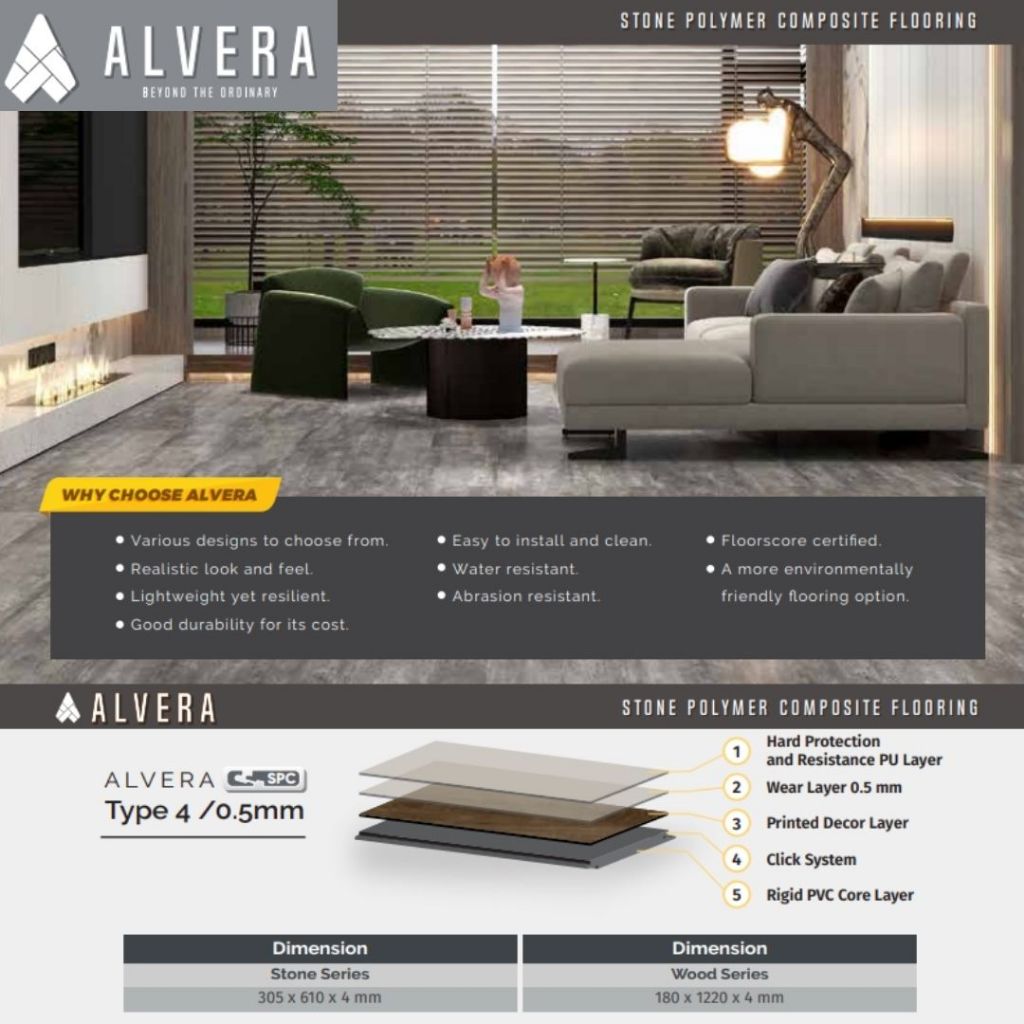 Lantai SPC Alvera Tebal 4mm / SPC system clik motif kayu