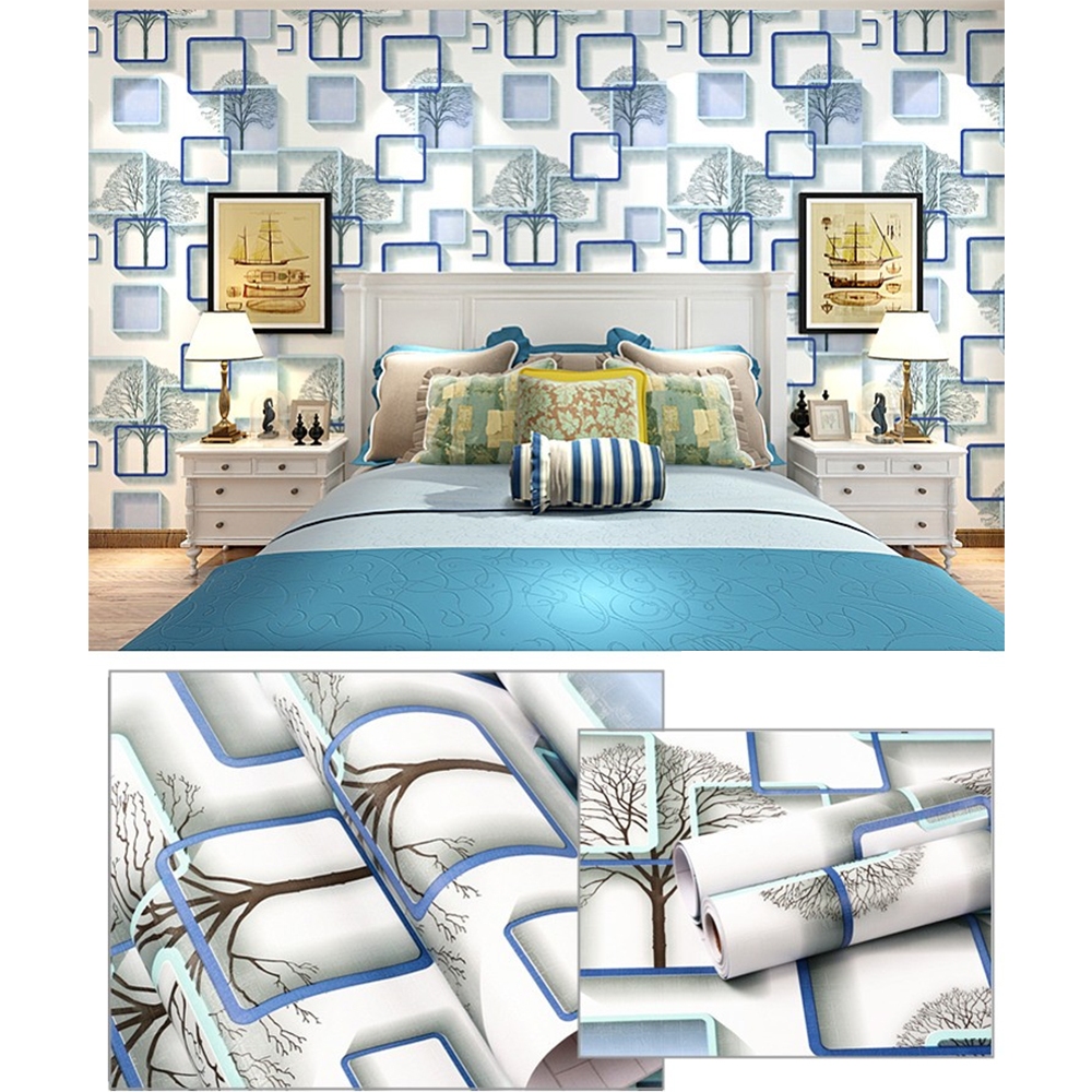 PAKET 5 ROLL WALLPAPER STIKER DINDING MOTIF KOTAK 3D BIRU PREMIUM PVC WALLSTICKER RUANG TAMU