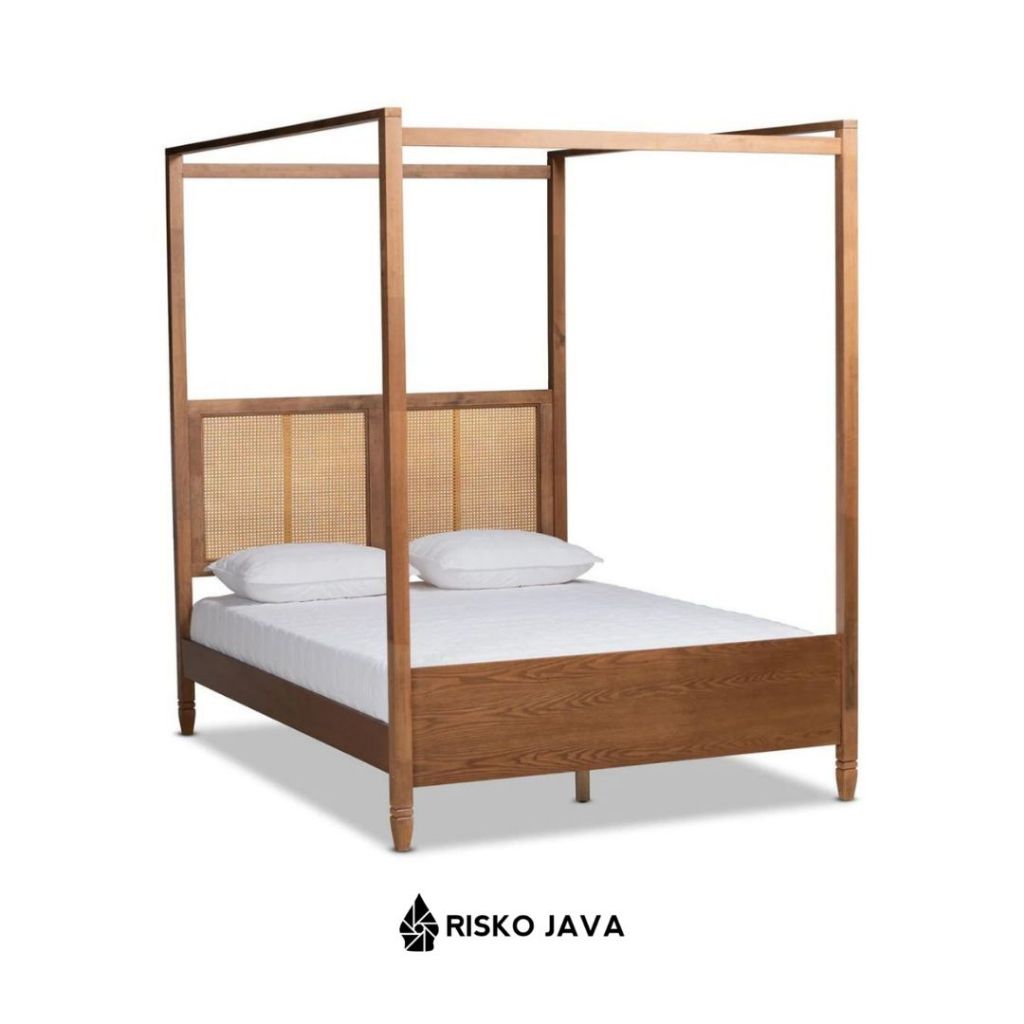Dipan Kanopi Kayu Jati / Dipan Tempat Tidur Minimalis / Rangka Dipan Kanopi Kombinasi Rotan Minimali