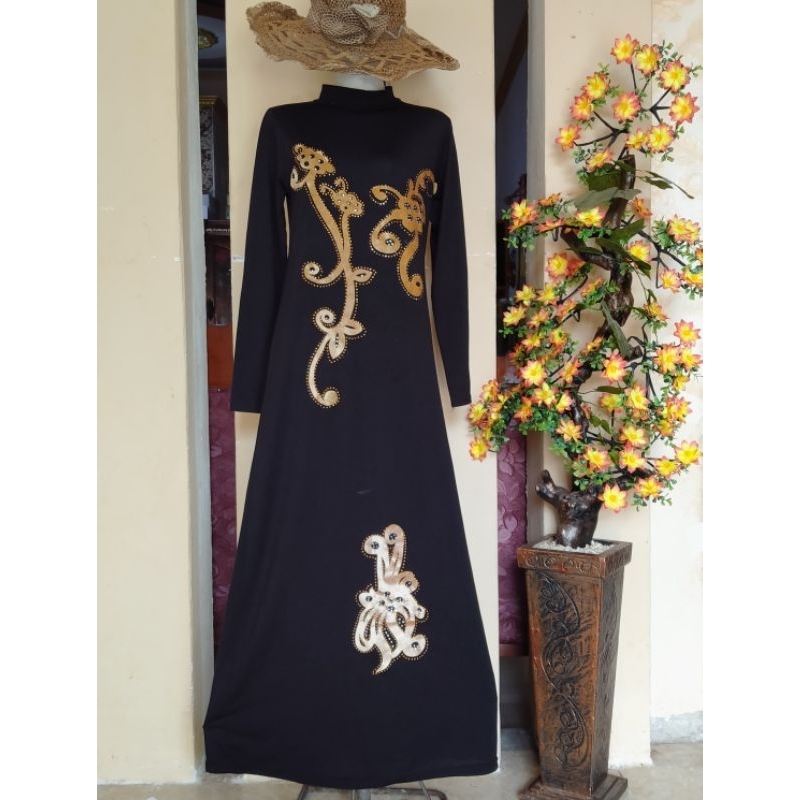 Gamis Hitam Payet Gold Bahan Kaos PE tebal