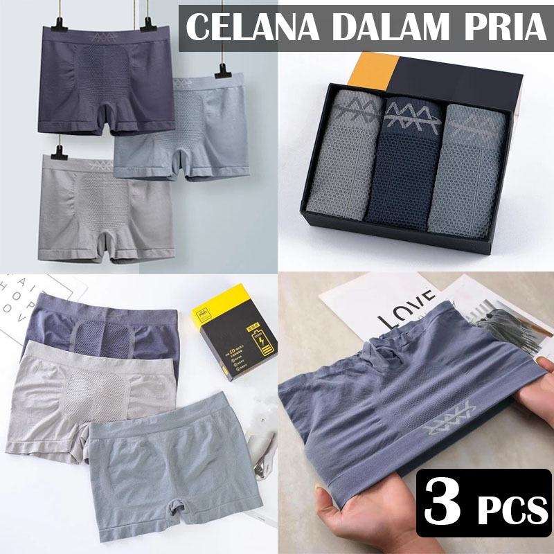 3 PC Celana Boxer Pria Dewasa 5D CD Boxer Sempak Cowok Dewasa Polos Pria Men Underwear