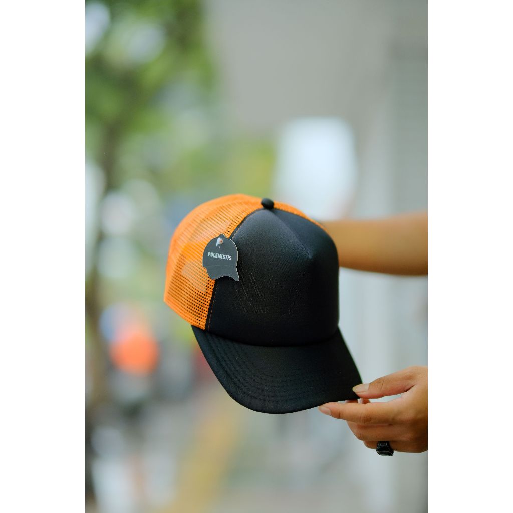 TOPI JARING POLOS PREMIUM HITAM HITAM ORANGE POLEMISTIS Bahan tebal jahitan rapih