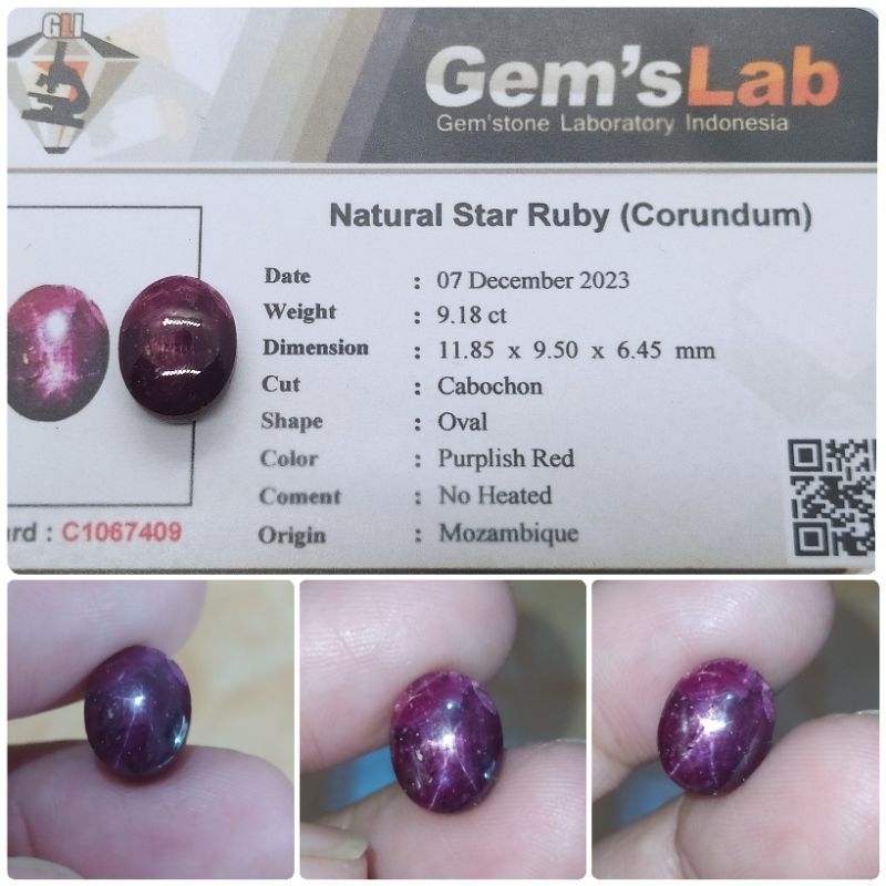 Natural Purplish Red Ruby star Mozambique 9 ct No Heat memo GLI