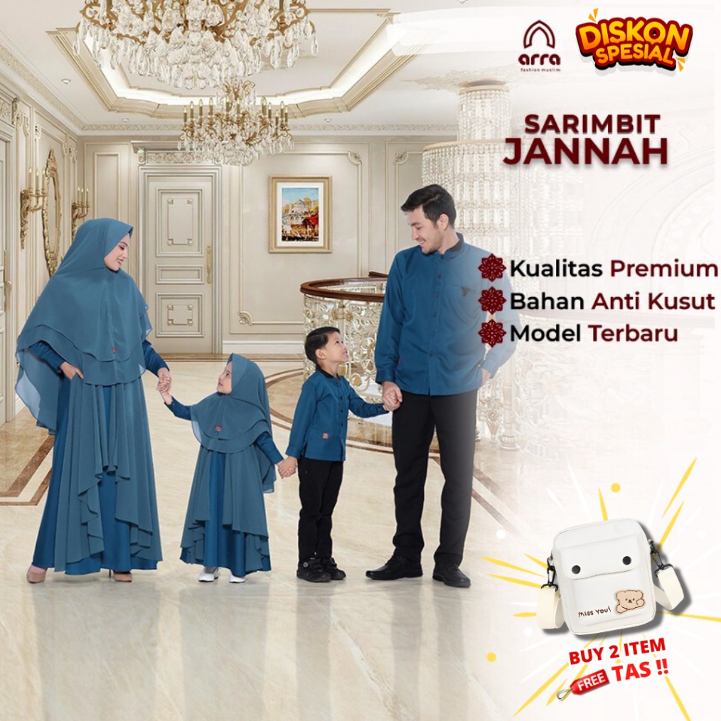 1212 BIG SALE FASION Arra Jannah Sarimbit Set Keluarga Koko Kemko Gamis Kerudung Khimar Warna Indigo