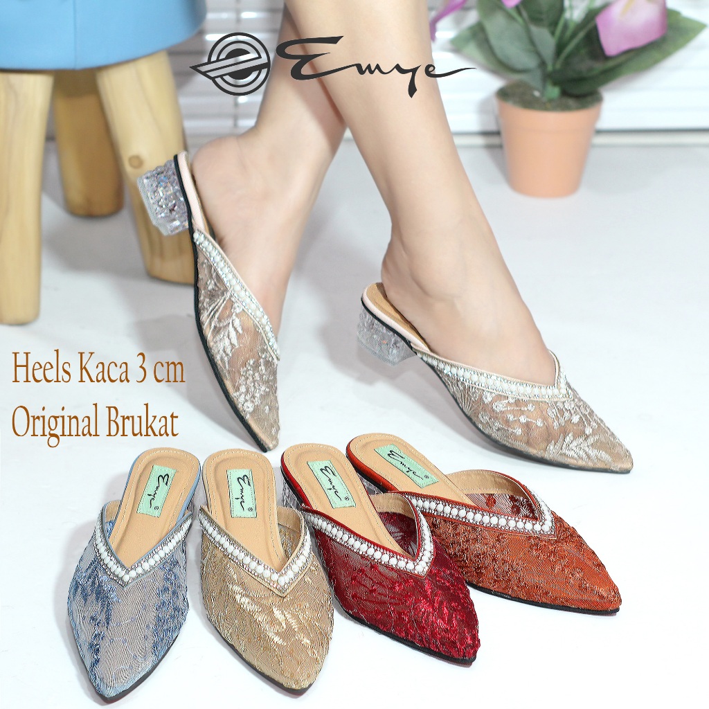 Emye - Sandal Mules Pesta Wanita Hak Kaca 4cm Brukat Payet Mutiara Transparan Hak Tahu Kaca Untuk We