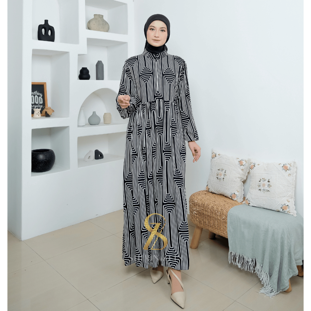 ShirinZein - Gamis Dress Linna Hitam Busui Friendly Motif Terbaru Kondangan Mewah Muslim Wanita Kekinian-1