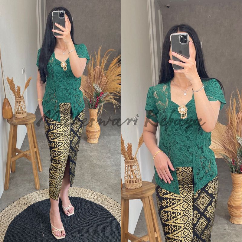 Kebaya Bali Set Brukat Lilit Hijau Botol