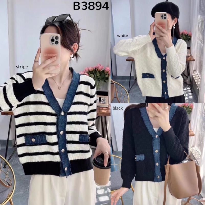 100% IMPORT Denim Blue Contrast Knit Cardigan / Outer Rajut Kombinasi Jeans B3894
