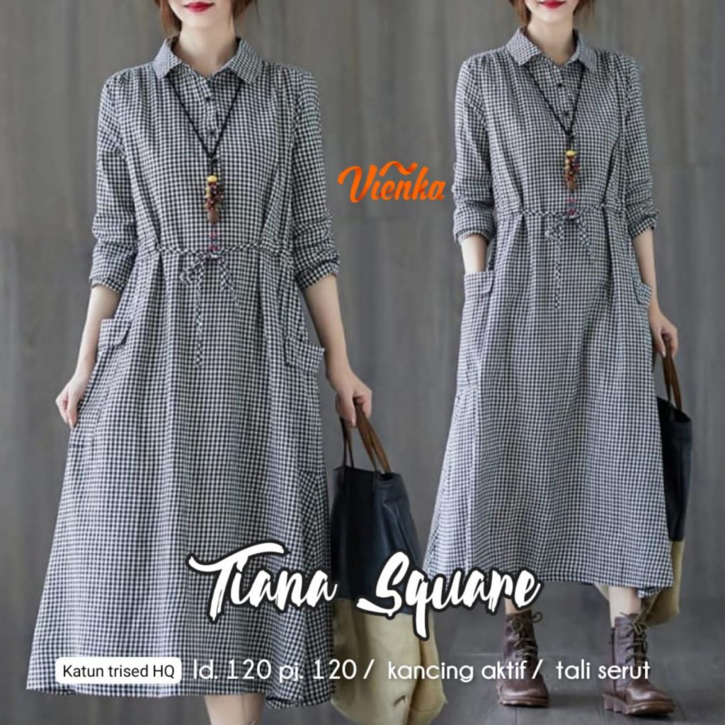 BAJU WANITA SQUARE KOTAK-KOTAK TUNIK MIDI DRESS JUMBO KATUN TRISET BY VIENKA