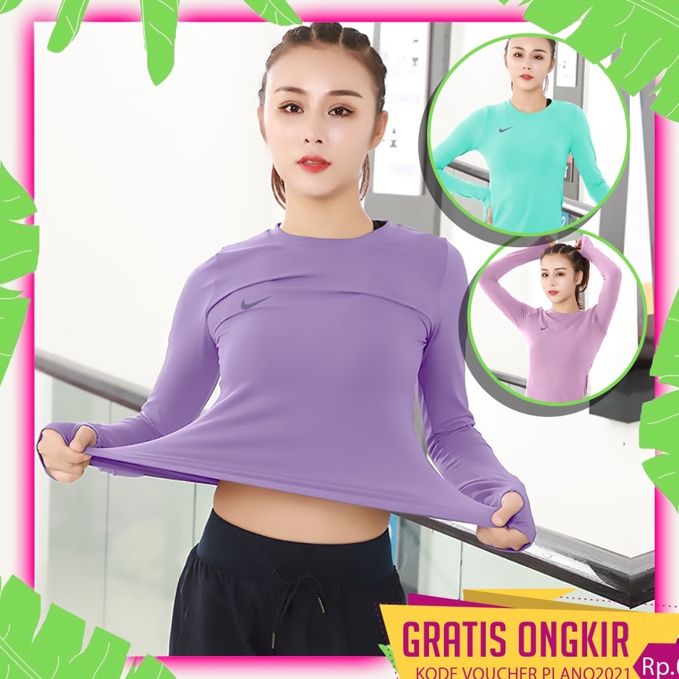 Ready Atasan Olahraga Wanita Hijab Lengan Panjang Modis Baju Sport Korea Kaos Cewek Olahraga Gym Zum