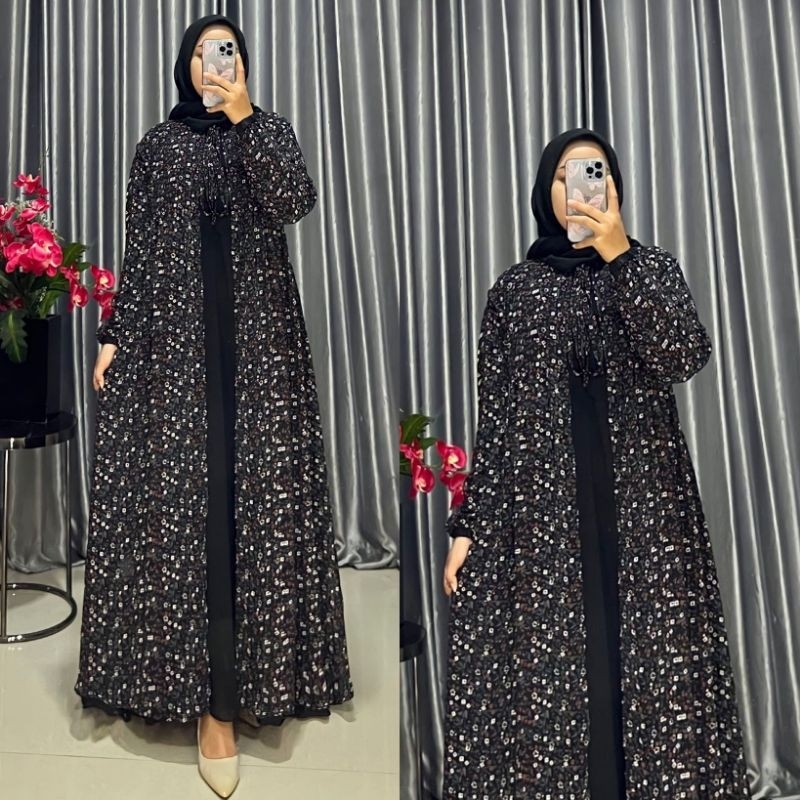 gamis terbaru bahan seruty babydoll motif bunga kecil