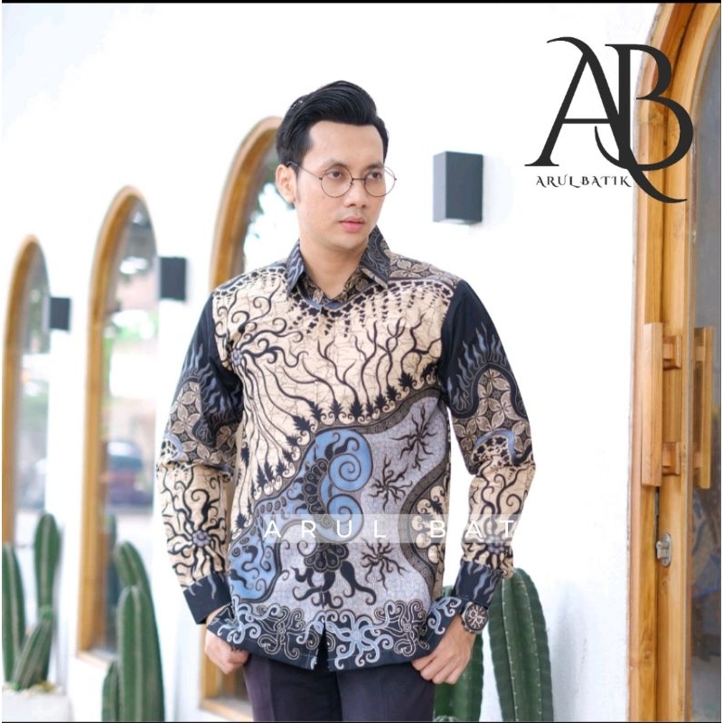 Arshaka Blue Kemeja Batik Pria Lengan Panjang Slimfit Katun Halus