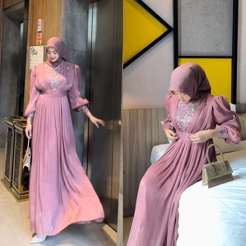 Adelia Dress Gamis Muslim Wanita Bahan Shimer Aplikasi Tile Squin Dress Wanita Model Kekinian GOM