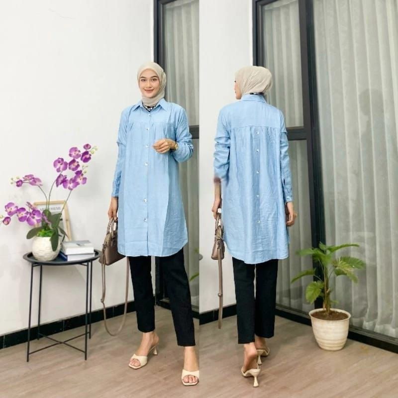 Atasan Wanita Tunik Polo Linen - Zulfa Tunik Variasi Kancing Belakang