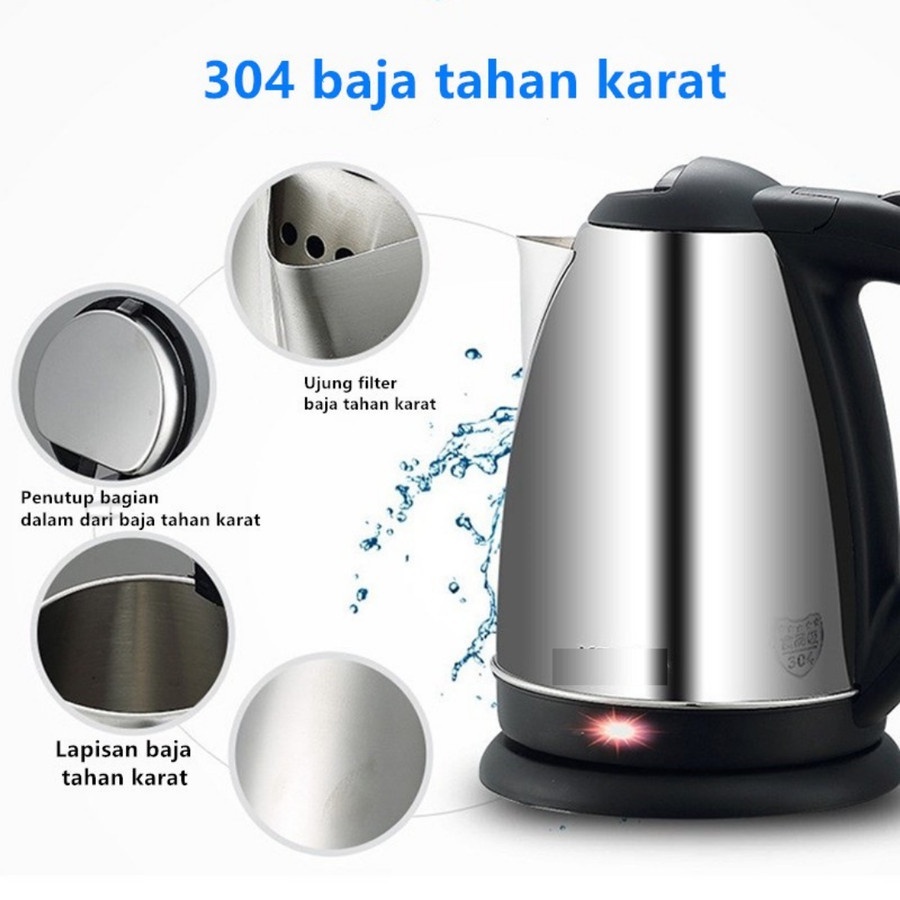 LAHTE - TEKO LISTRIK 2 LITER STAINLESS STEEL 400WATT / KETTLE LISTRIK PEMANAS AIR ELECTRIC OTOMATIS 