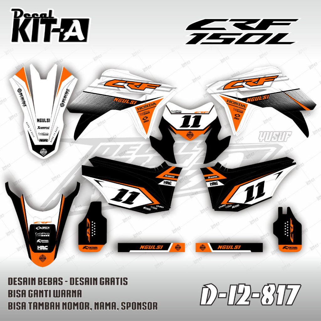 Decal Sticker Motor CRF 150l Design Custom Motif Grafis Hitam Putih Orange D-I2-817