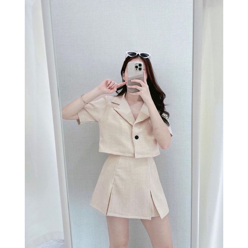 QUEEN SAKURA - Q7187SET - DONNA SET SLITS SKORT & CROP BLAZER IMPORT - SETELAN CELANA PENDEK & CROP 