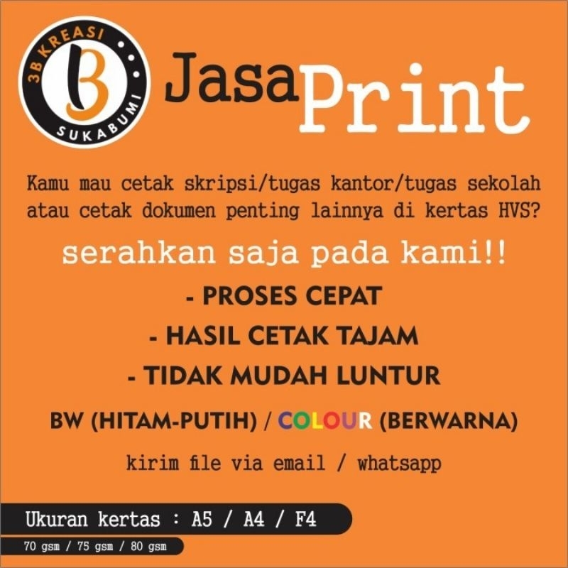 

Cetak Dokumen A5 / A4 / F4 : skripsi / tugas kuliah / tugas kantor