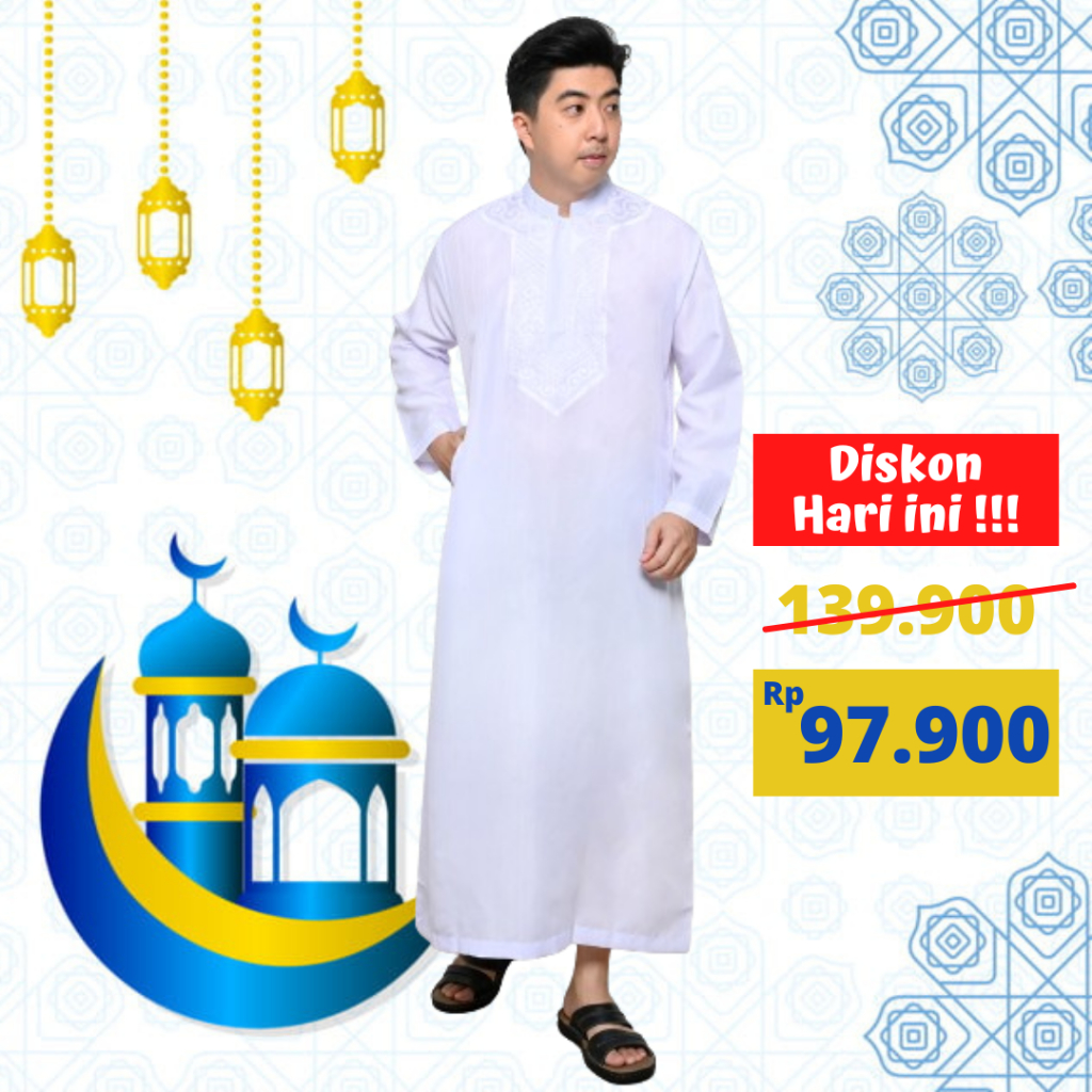 Baju Gamis Pria Dewasa Jubah Pria Muslim Putih Polos Lengan Panjang Bordir BS