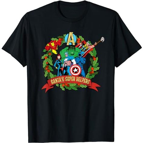 Baju Kaos Dewasa Marvel Avengers Santa’s Super Helpers Wreath Retro Holiday T-ShirtPakaian Fashion A