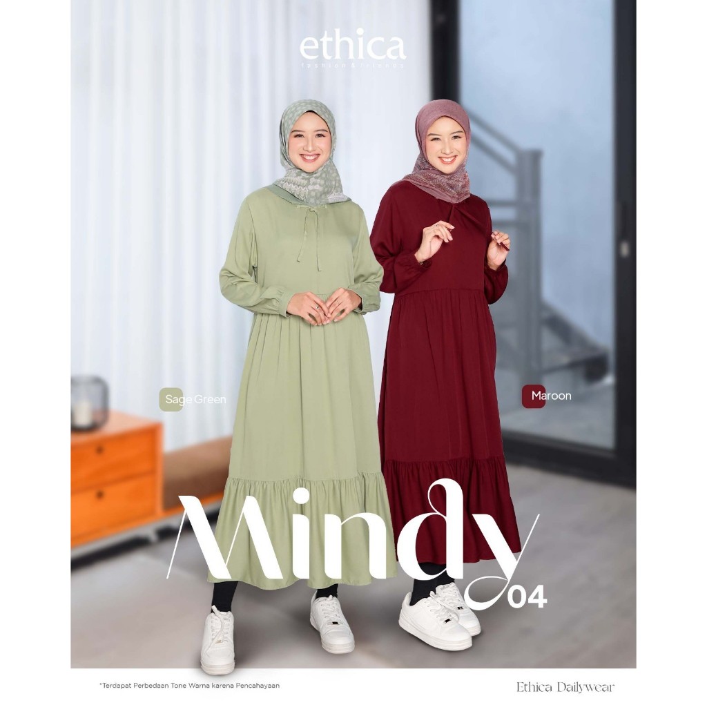 Ethica Mindy 04 Long Tunik Maroon Sage Green Rayon Twill Midi Dress Polos Variasi Kerut Susun Tali