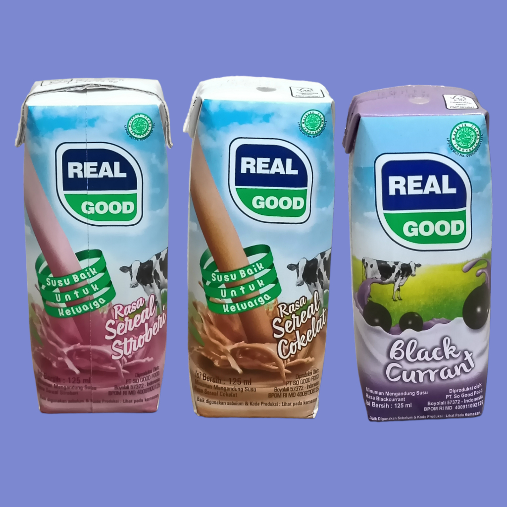 

REAL GOOD SUSU UHT COklat, Stroberi, & Blueberry KOTAK 125ml [4 kotak]