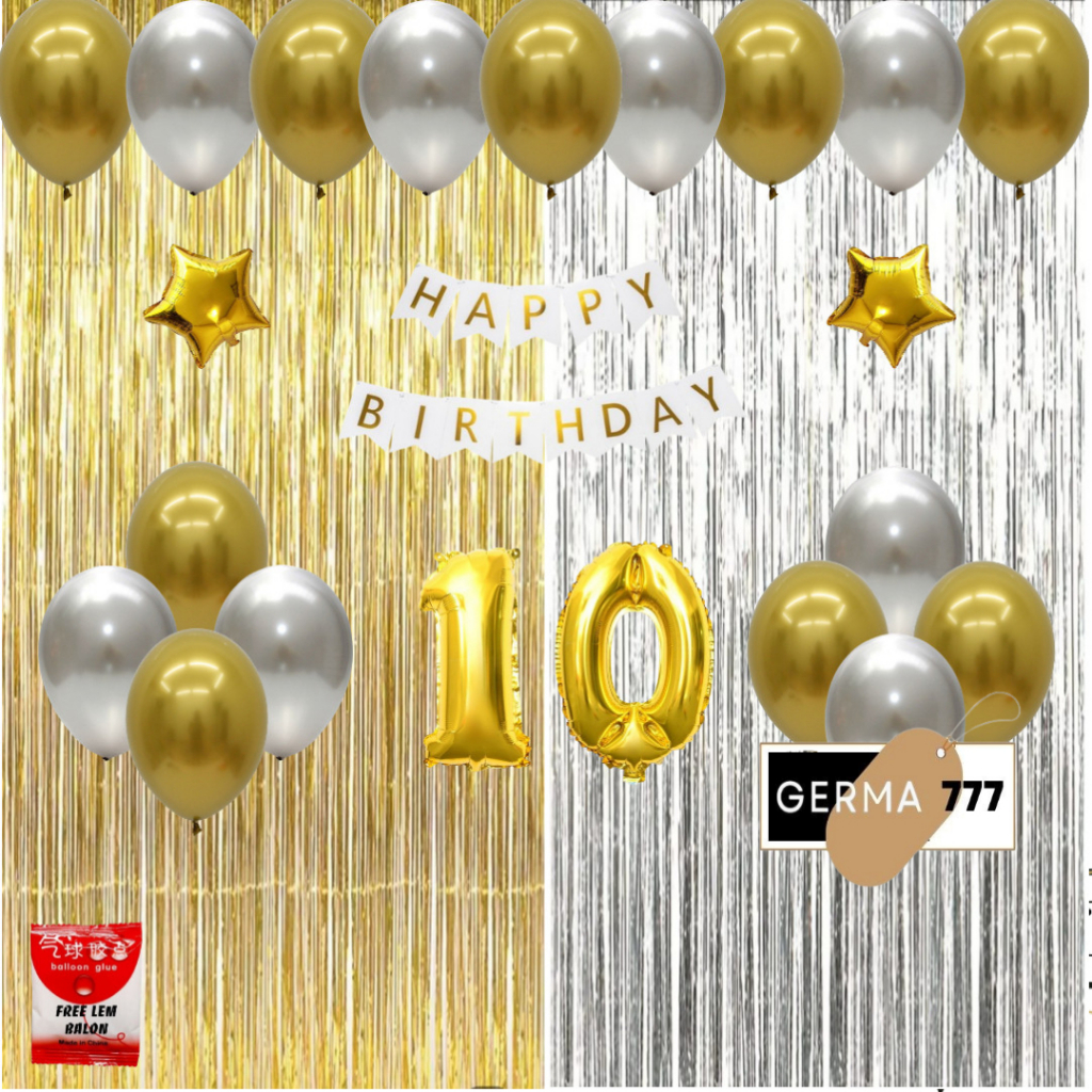 Set Dekorasi Ulang Tahun Anak Tirai Gold Mix Silver Cewek Cowok Ultah Dekor Happy Birthday Hemat