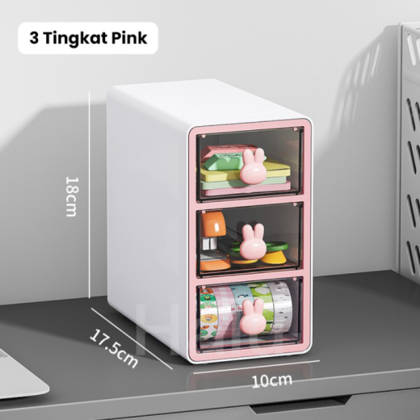 Unik HALU Kotak Laci Mini Serbaguna Rak Meja Aksesoris ATK 3 Susun HSB73 - Pink Limited