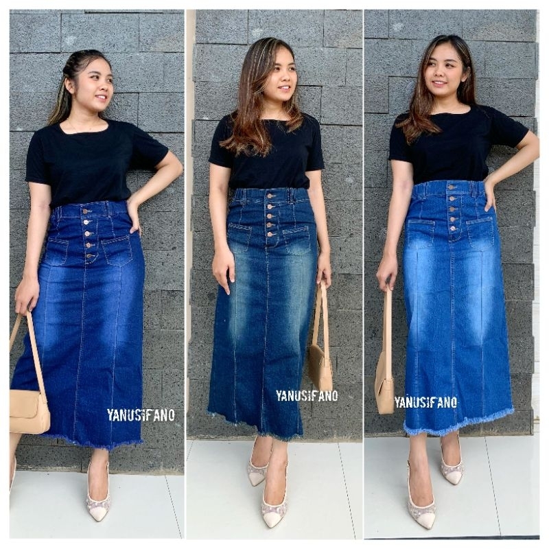 Rok Welona - Rok Jeans Wanita Welona // Rok Midi Jeans Welona Kancing 5