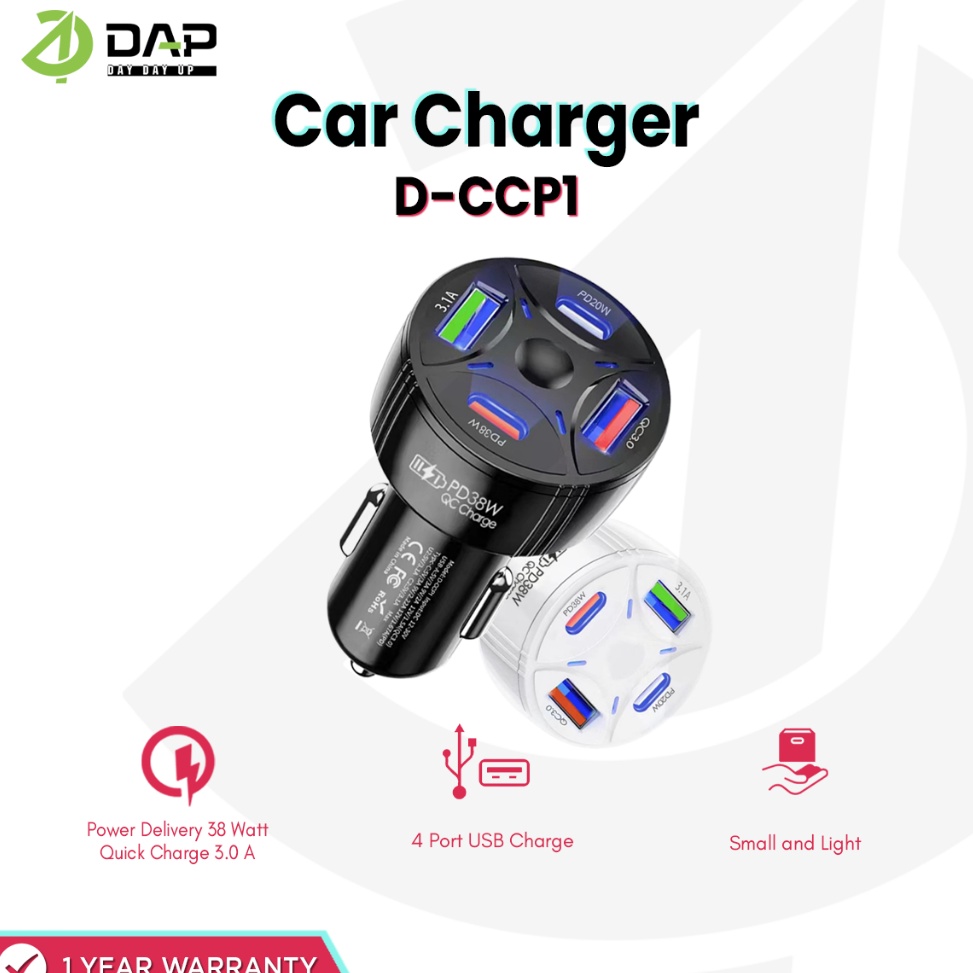 QyA DAP Car Charger 4 Port Fast Charging  Charger Motor 4 Port  Fast Charge Power Delivery 38 Watt  