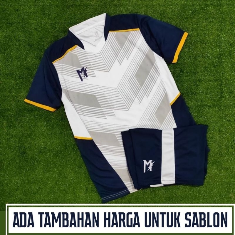 MUZAKAR Baju Futsal Setelan Stelan Jersey Bola Muzakar Putih Navy , Bisa Sablon