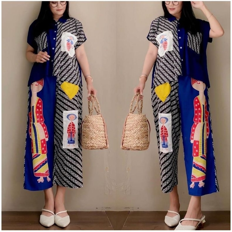 (Semerbak) LD 120 Setelan Celana Blus Rayon Halus Kancing Krah Saku Mbok Tejo Jumbo kombinasi batik 