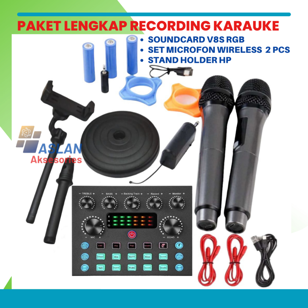 Paket karoke Soundcard dan 2 Microphone wirelless mic 2 in 1 sound card V8S V8 Plus mic wired wirell