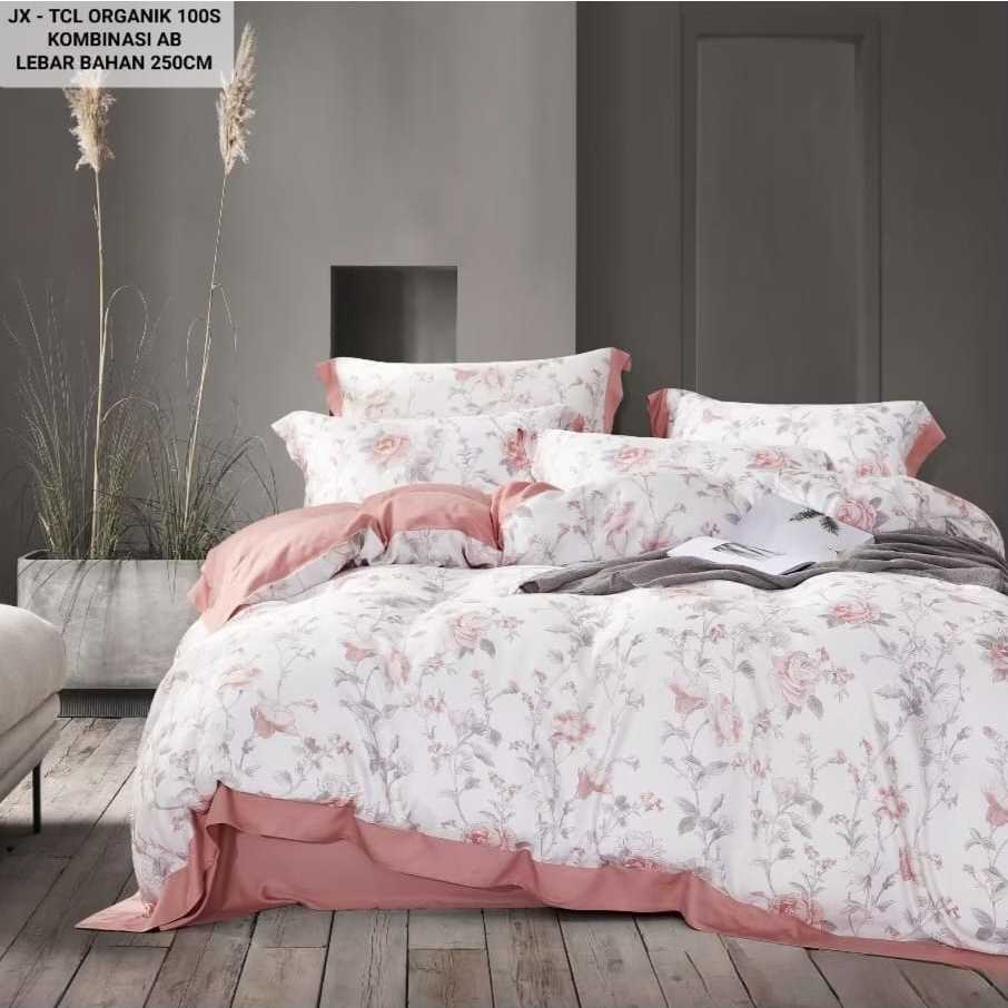 Sprei Set Sutra Organik 100s Serat Bamboo Motif Polos Bunga Aesthetic Size King Single Double Bed - 