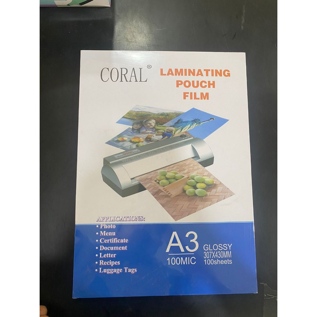

CORAL LAMINATING A3 GLOSY / 100 MICRON / UKURAN 307X430mm/ 100 SHETS