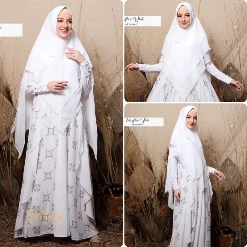 Set Gamis Dress Putih Mewah Ceruty Babydoll - Khimar - Madenia syari - Masya - [ WHITE ALICIA ] gami