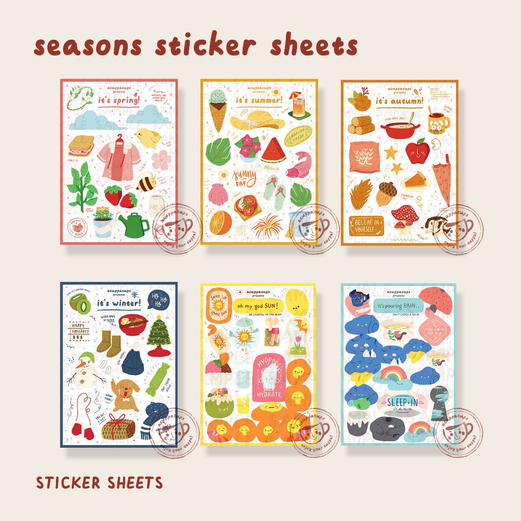 

Seasons' Sticker Sheets Spring Summer Autumn Winter Sun Rain | acuppacups