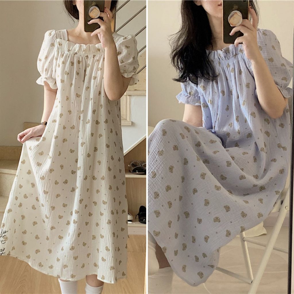 Baju Tidur Wanita Taemo Dress Sleepwear Daster Motif Bear Lucu Rok Tidur Kekinian Lengan Pendek