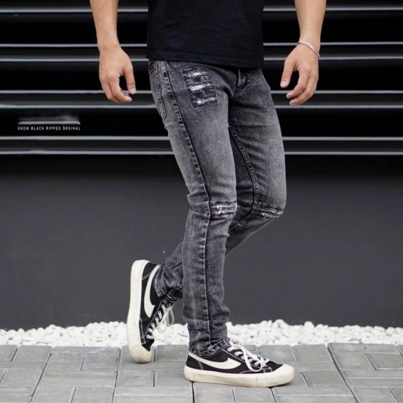 Celana Panjang Jeans Pria, Black Wash Ripped Bikers Skinny Jeans Premium