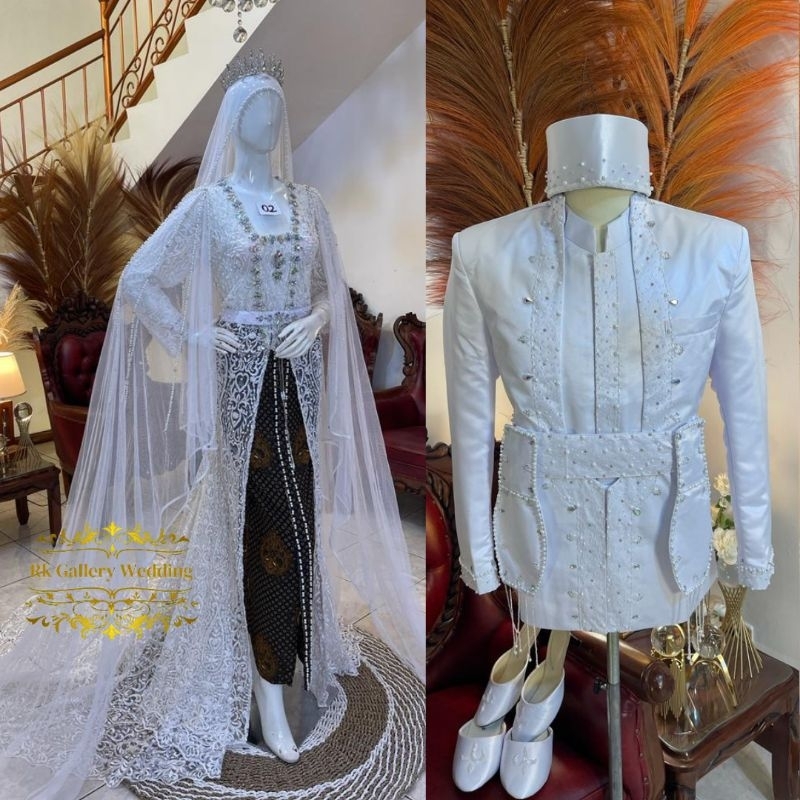 Sepasang kebaya pengantin akad kutubaru dan beskap pengantin pria sunda