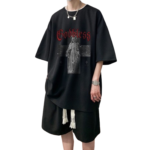 Ssmy TZ108 Godbless Desain Baju Atasan +Celana Pendek Waffle Fashion Set Pria And Wanita Premium