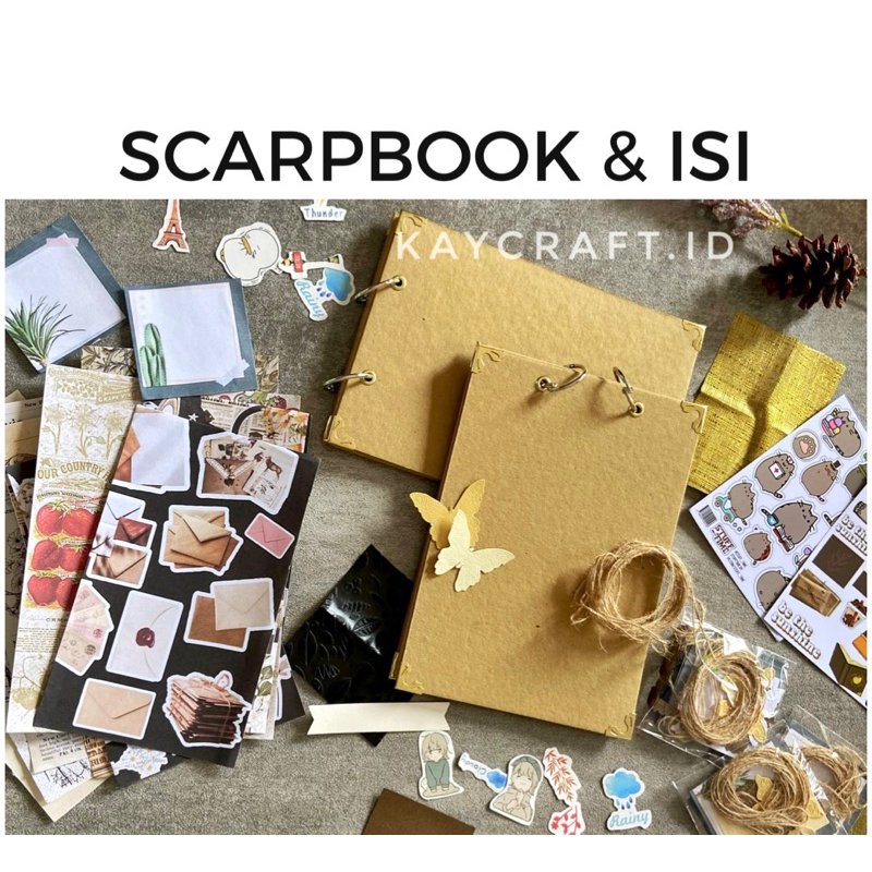 

PAKET SCRAPBOOK & ISI LENGKAP HARDCOVER A5 (15x21cm) (kertas decor, stiker, kupu-kupu, kartu ucapan, tali rami)