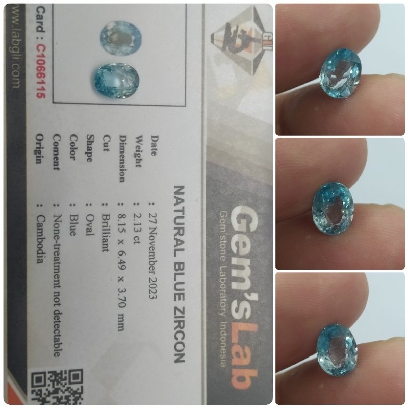 Natural Blue Zircon Sri Lanka 2,13 ct NTD Top Luster memo GLI