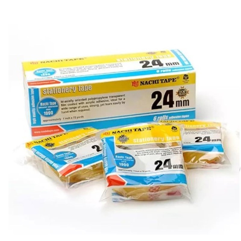 

(1 pak 6 roll) NACHI stationery tape transparan 24mm 1 inchi ( 12 mm x 72 Yard )