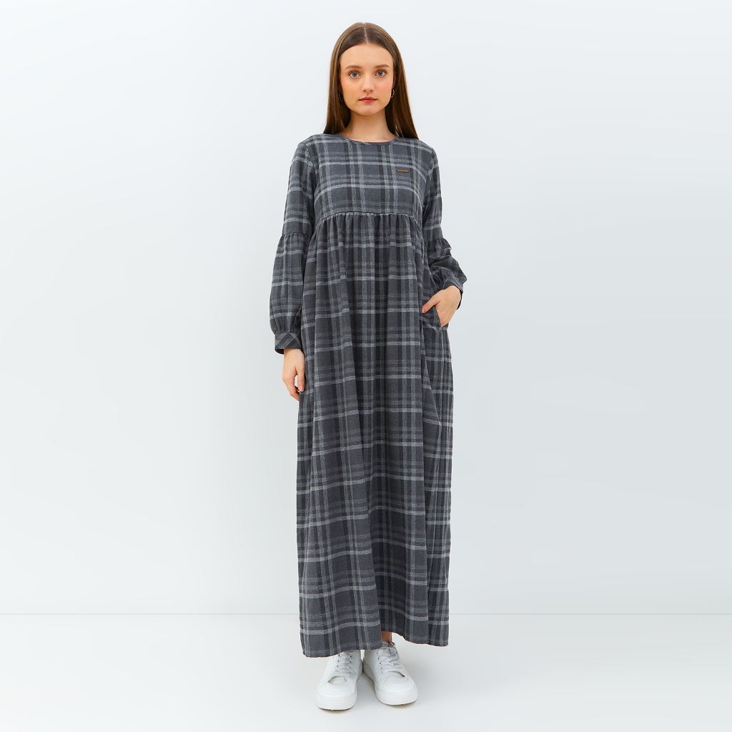 GRAPHIS Waist Gathered Plaid Maxi Dress / Dress Long Sleeve Casual Kerah Bulat Lengan Panjang Kotak-