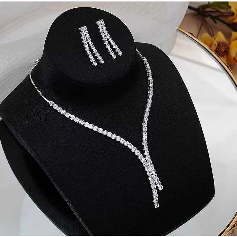 Kalung Crystal Set Anting - Kalung Pernikahan - Kalung Anting Liontin - Aksesoris Pengantin